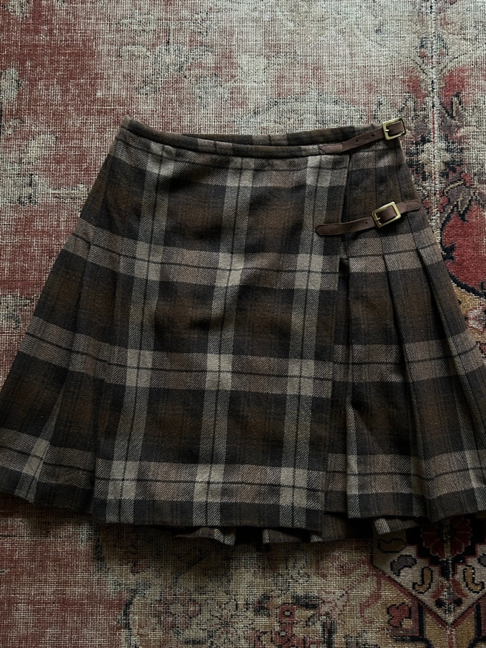 Vintage Y2K Brown Plaid 100% Wool Mini Skirt